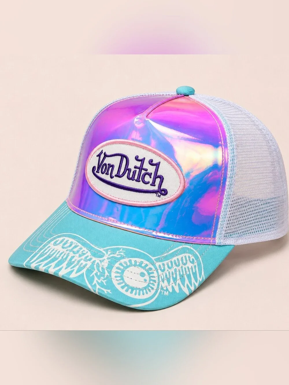 🆕️NWT Von Dutch Holographic Trucker Hat Blue Pink Mesh Snapback Y2K Rare